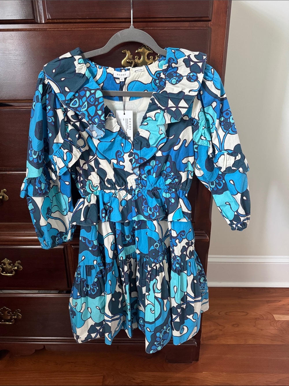 RHODE Blue Multi Floral Ruffle Mini Dress
